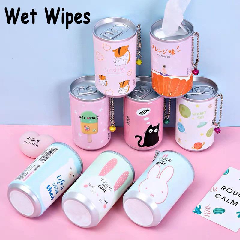 Cute Cartoon Mini Can Wet Wipes with Keychain / Bag Pendant